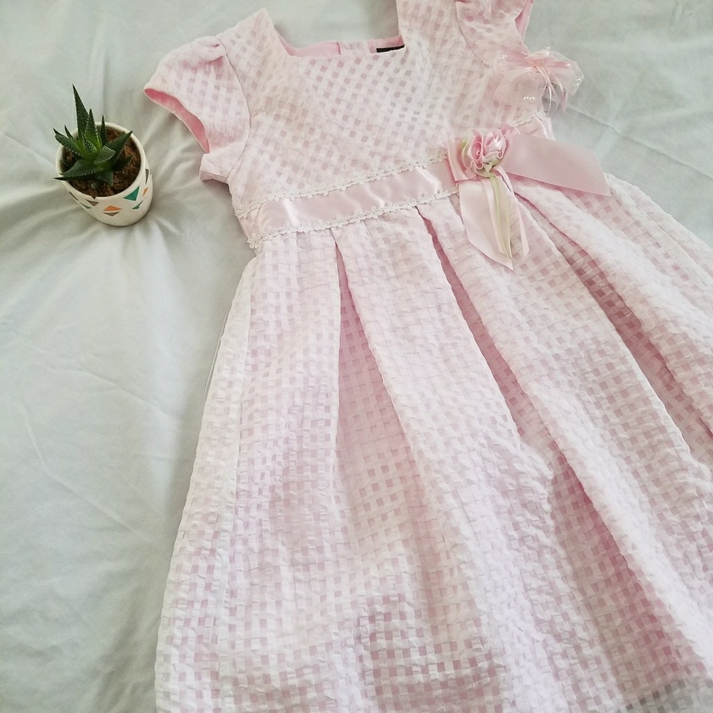 Pink checkered dress matching barrette